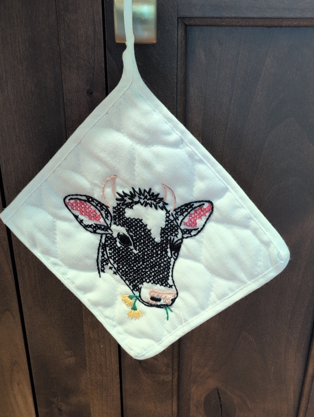 Vintage Handmade Cow Cross-stitch Quilted Square Potholder